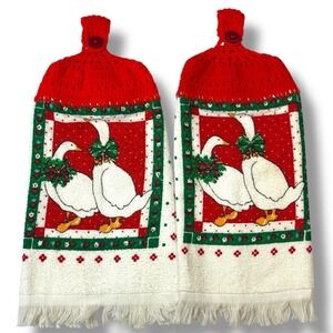 Vintage Christmas Goose Hanging Kitchen Towels Crocheted Top Cottagecore Set 2